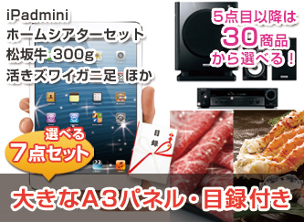 【景品7点・10万円セット】ipadmini、ホームシアターシステム、松坂牛300gなど選べる景品セット