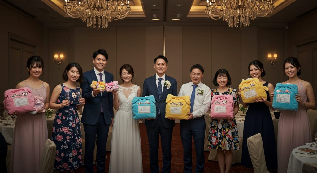 成功した二次会でディズニー景品を楽しむゲストたちの満足そうな表情と記念撮影の瞬間