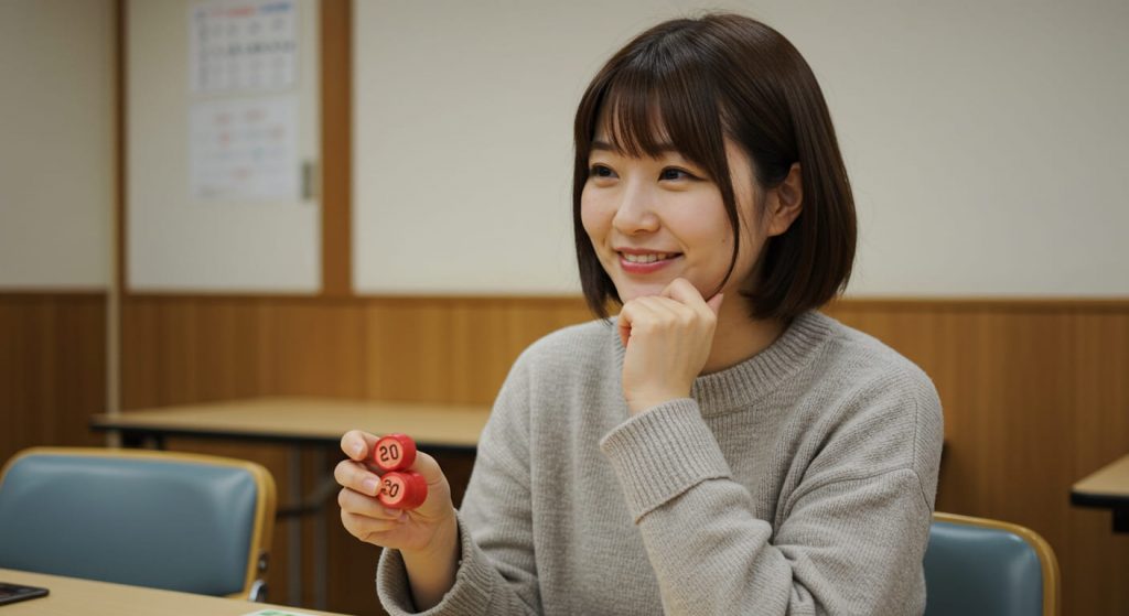 ビンゴ景品選びについて真剣に考えている企画担当者の様子、予算とのバランスを検討している真摯な表情