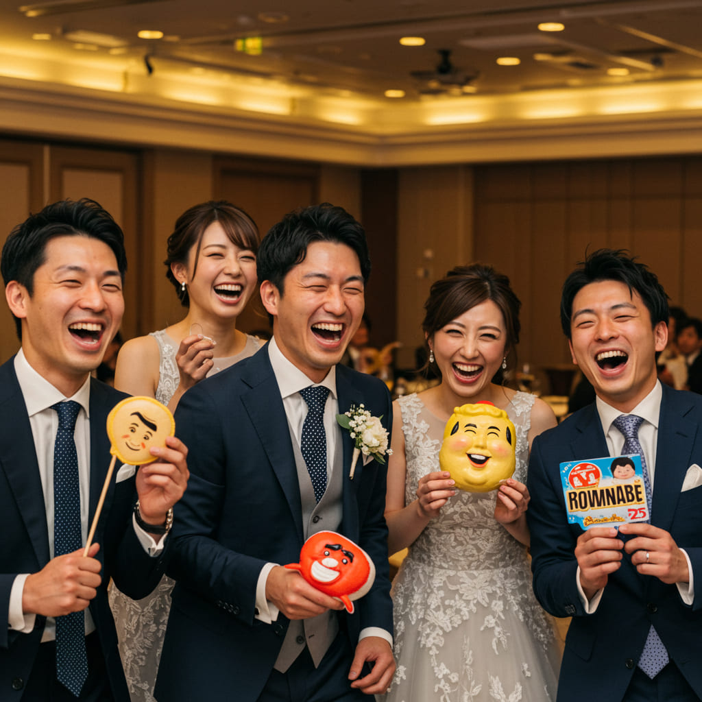 二次会会場でユニークな景品を手にしたゲストたちが笑顔で盛り上がっている様子、データ資料も見える背景