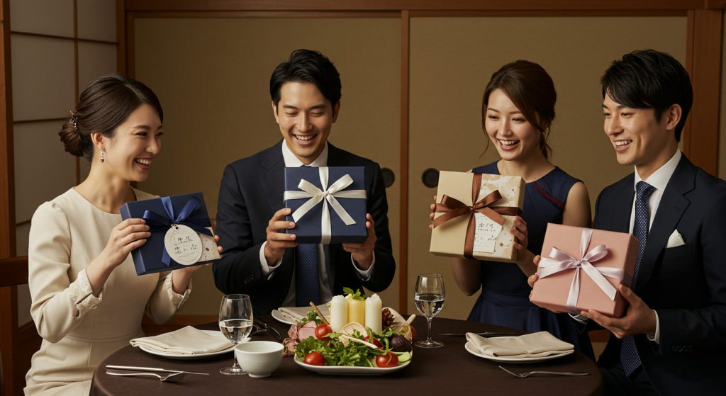 結婚式二次会でおしゃれな景品を受け取って喜ぶゲストの様子。センスの良いパッケージとリボンが特徴的な贈り物を手にする女性 