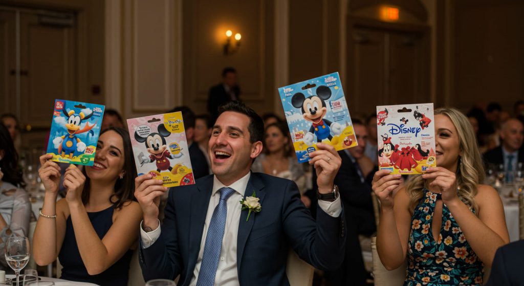 結婚式二次会会場でディズニーキャラクターの景品を手に笑顔で盛り上がるゲストの様子